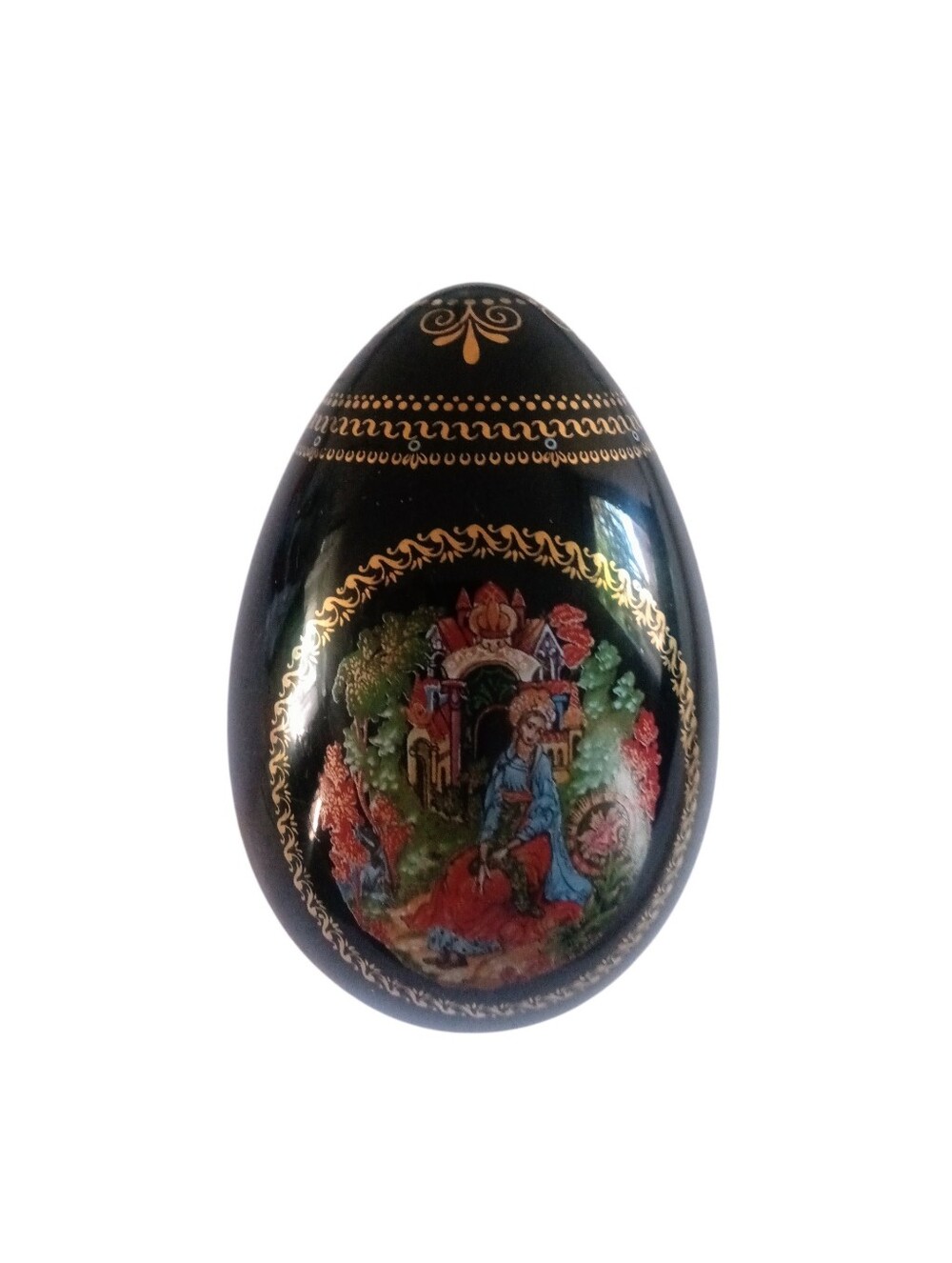VTG Russian Black Lacquer Hand Painted Decorative Egg